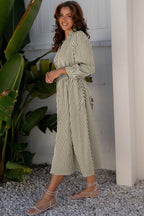 Green Stripe V Neck Zip Front Cinched High Waist Midi Dress