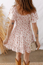 Pink Front Tie Shirred Waist Short Sleeve Ruffled Floral Mini Dress