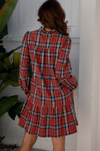 Green Plaid Print Frilly Collar Long Sleeve Shift Mini Dress