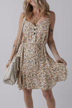 Khaki Boho Floral Printed Tie Waist Flared Sundress