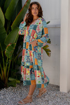 Sky Blue Mix Floral Checkered Pattern Bubble Sleeve Ruffle Hem Dress