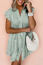Green Stripe Frilled Sleeveless Collar Front Pocket Button Up Mini Dress