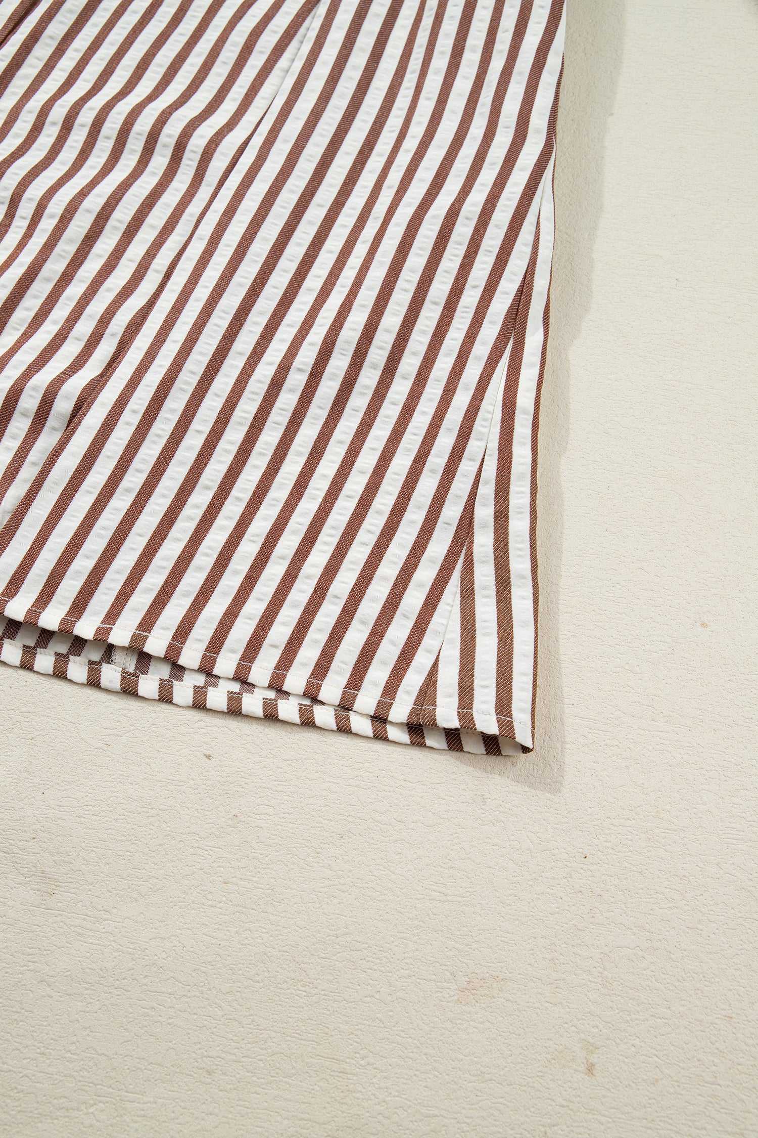 Brown Stripe Knot Waist Puff Sleeve Button Down Mini Shirt Dress