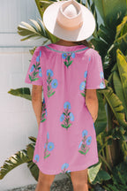 Apricot Floral Short Sleeve Split Neck Loose Mini Dress