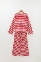 Red Stripe Drop Shoulder Long Sleeve Top Lounge Pants 2pcs Set