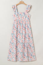 Pink Floral Print Square Neck Backless Long Dress with Slit