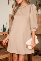 Light French Beige Braided Trim Puff Sleeve Dress