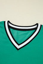 Mint Green Varsity Contrast Striped V Neck Long Sleeve T Shirt Dress with Pockets