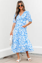 Sky Blue Floral V Neck Puff Short Sleeve Flowy Long Dress