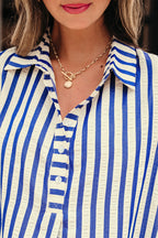 Blue Stripe Collared Half Button Side Pockets Loose Fit Mini Dress