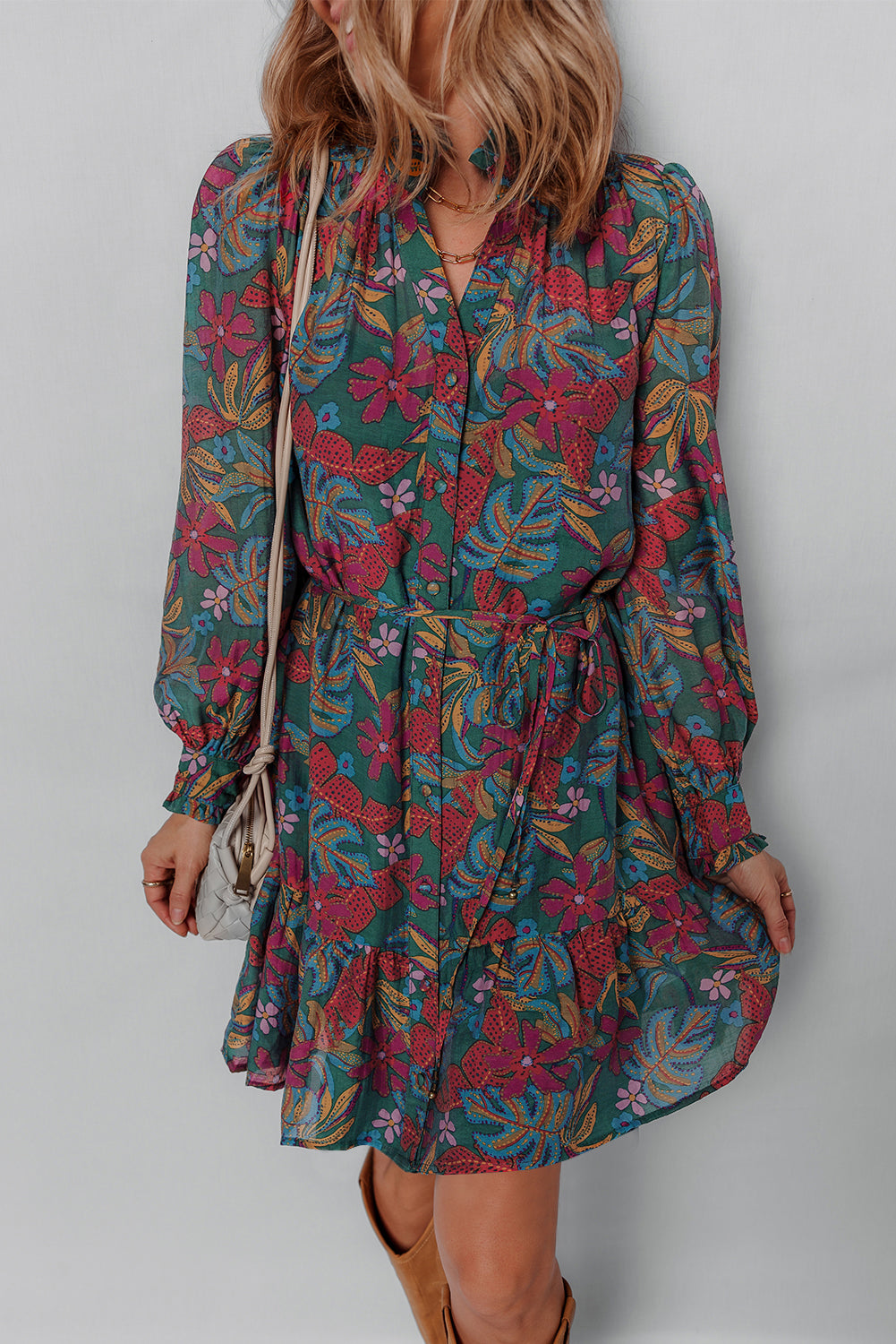 Green Floral Friled V Neck Puff Sleeve Ruffled Shirt Dress