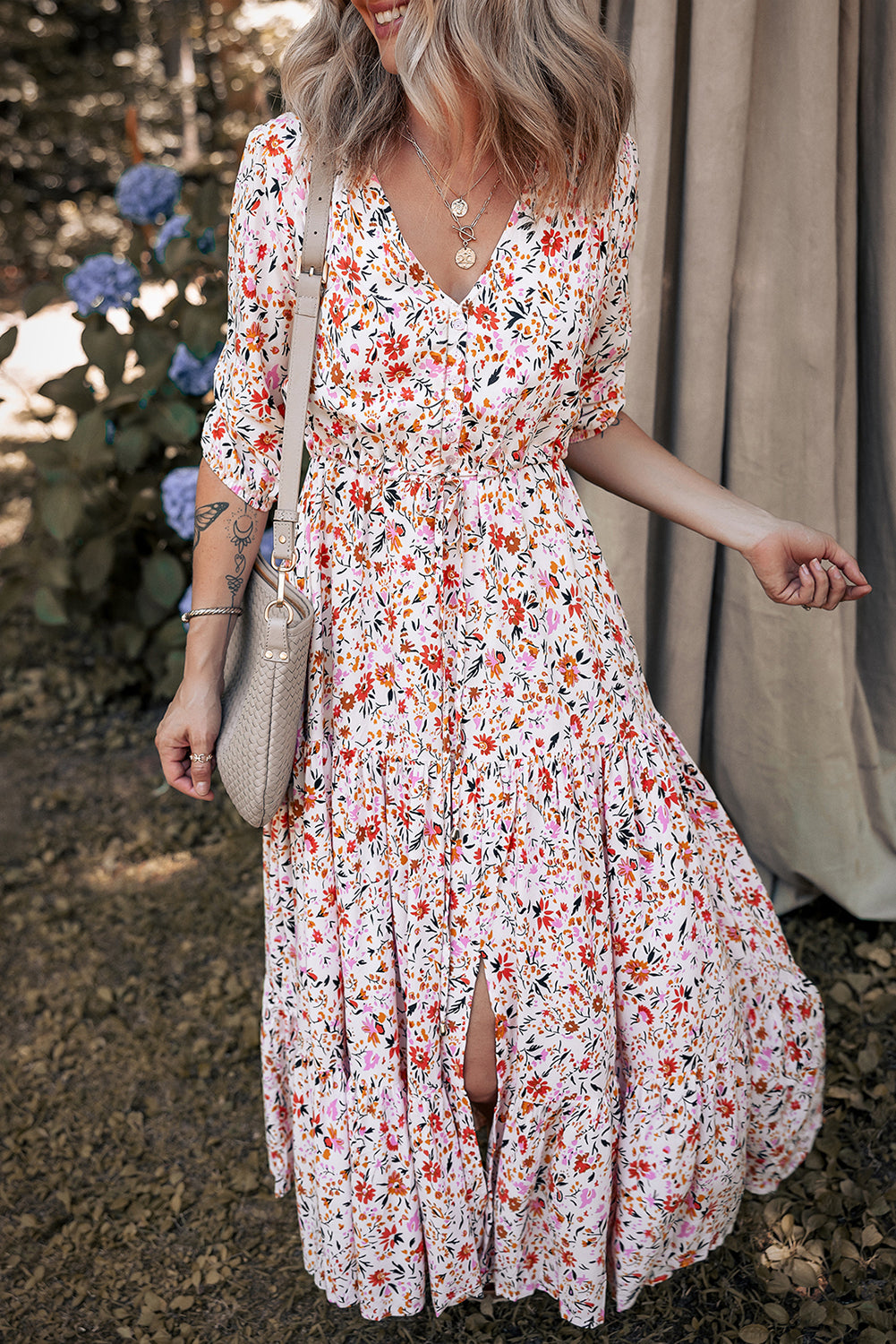 Red Boho Half Sleeve Floral V Neck Maxi Dress