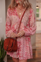 Pink Bohemian Floral Print Tassel Tie Long Sleeve Flowy Mini Dress