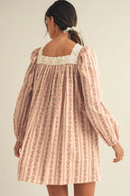 Khaki Floral Print Contrast Velvet Bow Lace Patchwork Long Sleeve Loose Mini Dress