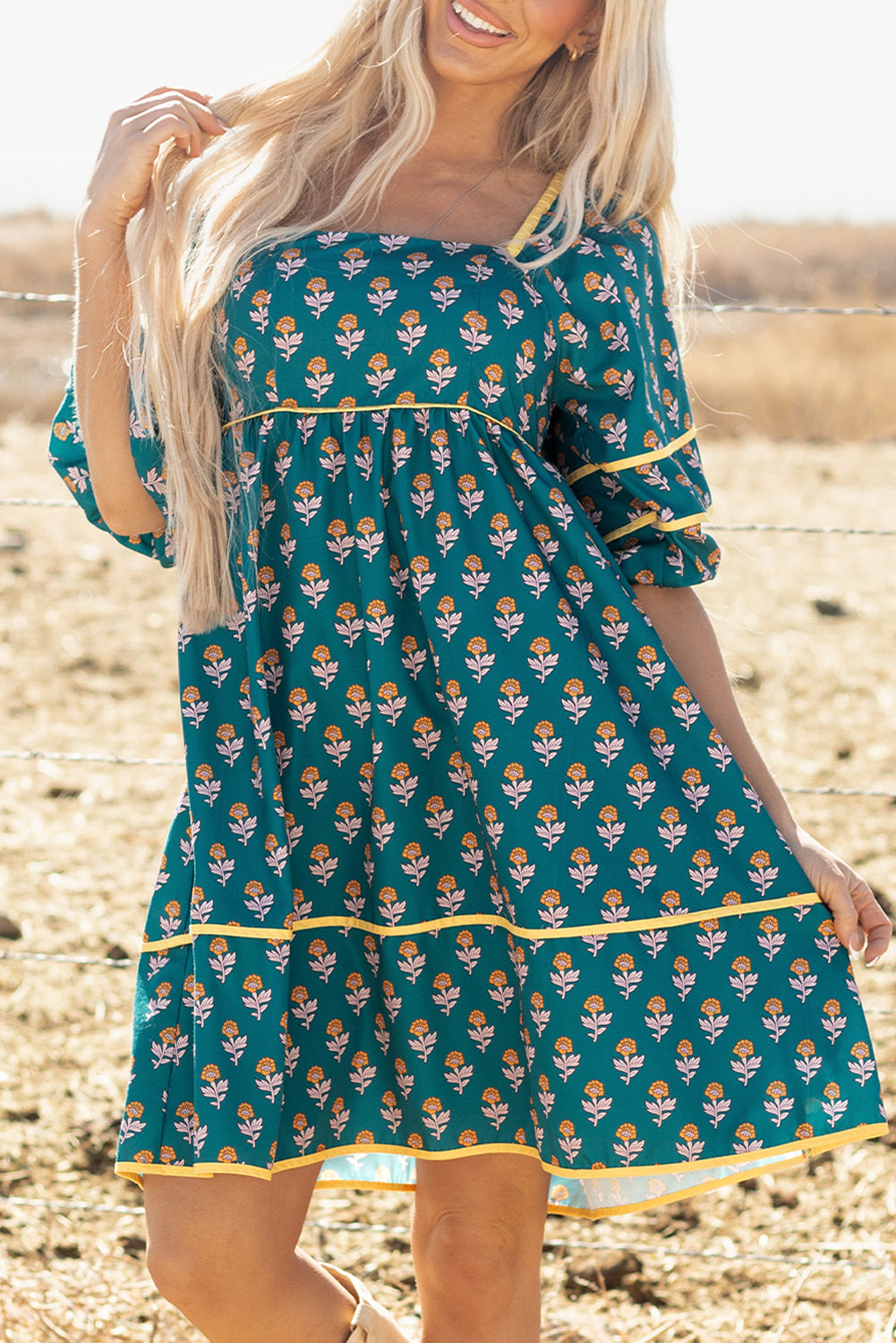 Skobeloff Floral Contrast Trim Square Neck Puff Sleeve Dress