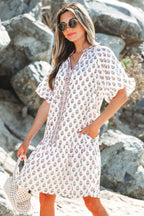 Pink Floral Print Bubble Sleeve Neck Tie Ruffled Dress