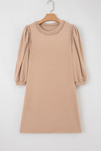 Light French Beige Braided Trim Puff Sleeve Dress