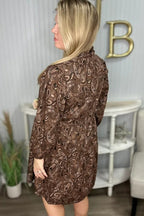 Brown Paisley Print Half Buttons Puff Sleeve Flowy Short Dress