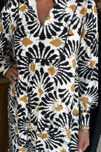 Black Abstract Floral Print Split V Neck Long Dress with Sleeves