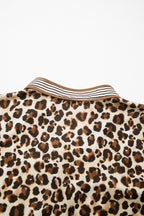 Brown Leopard Print Striped Patchwork 3/4 Sleeve Loose Mini Dress