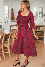 Red Tartan Plaid Square Neck Puff Sleeve Knot Waist Flared Midi Dress