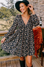 Black Floral Deep V Neck Smocked Bust Bubble Sleeve Babydoll Dress