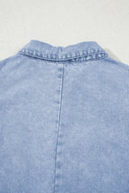 Beau Blue Double Ruffled Sleeves Buttoned A-line Collared Mini Denim Dress