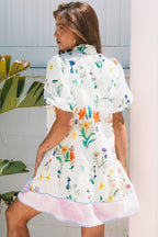 White Floral Print Contrast Striped Patchwork Short Puff Sleeve Dress