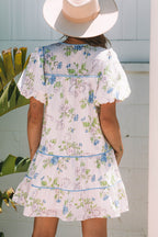 Pink Floral Striped Print Contrast Trim Tie Split Neck Mini Dress