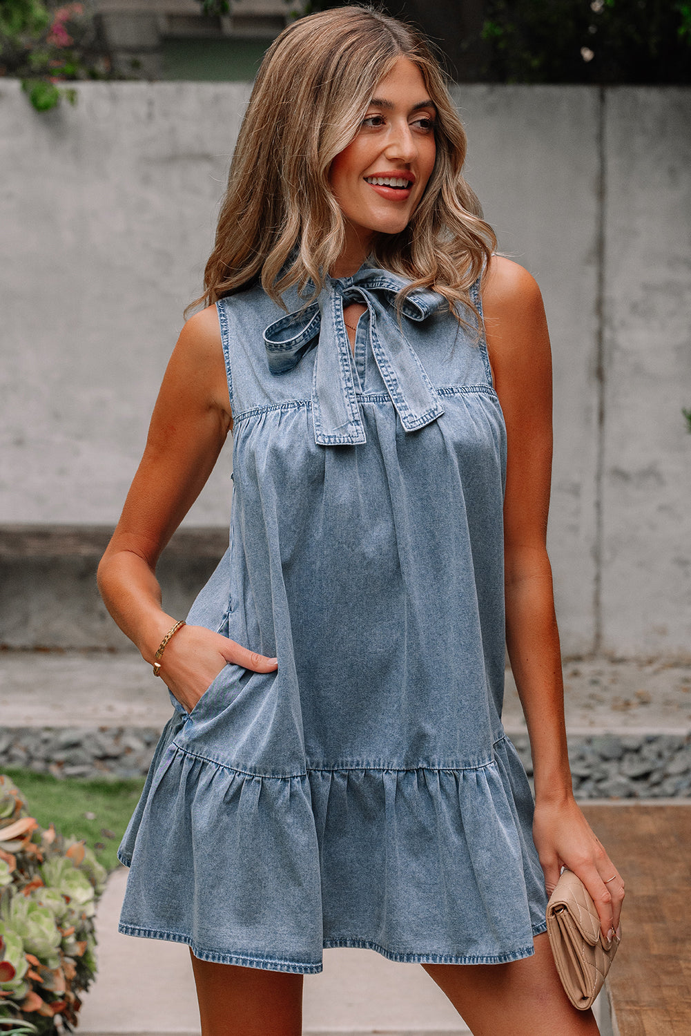 Beau Blue Bowknot Neck Sleeveless Ruffled Chambray Dress
