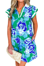 Bright Green Contrast Floral Print Collared V Neckline Ruffled Cap Sleeve Shift Dress with Pockets