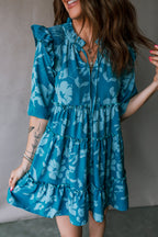 Blue Flower Half Sleeve Tiered Ruffled Mini Dress