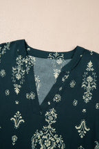 Red Boho Floral Print Lettuce Trim 3/4 Sleeve Mini Dress