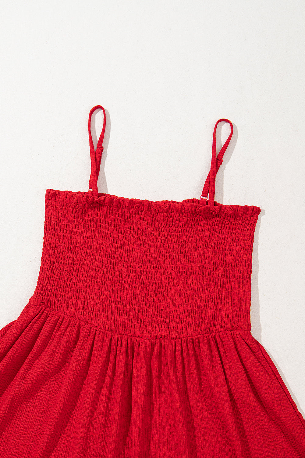 Racing Red Textured Shirred Ruffled Trim Spaghetti Strap Midi Dress