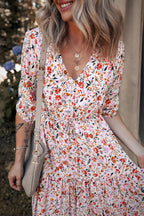 Red Boho Half Sleeve Floral V Neck Maxi Dress