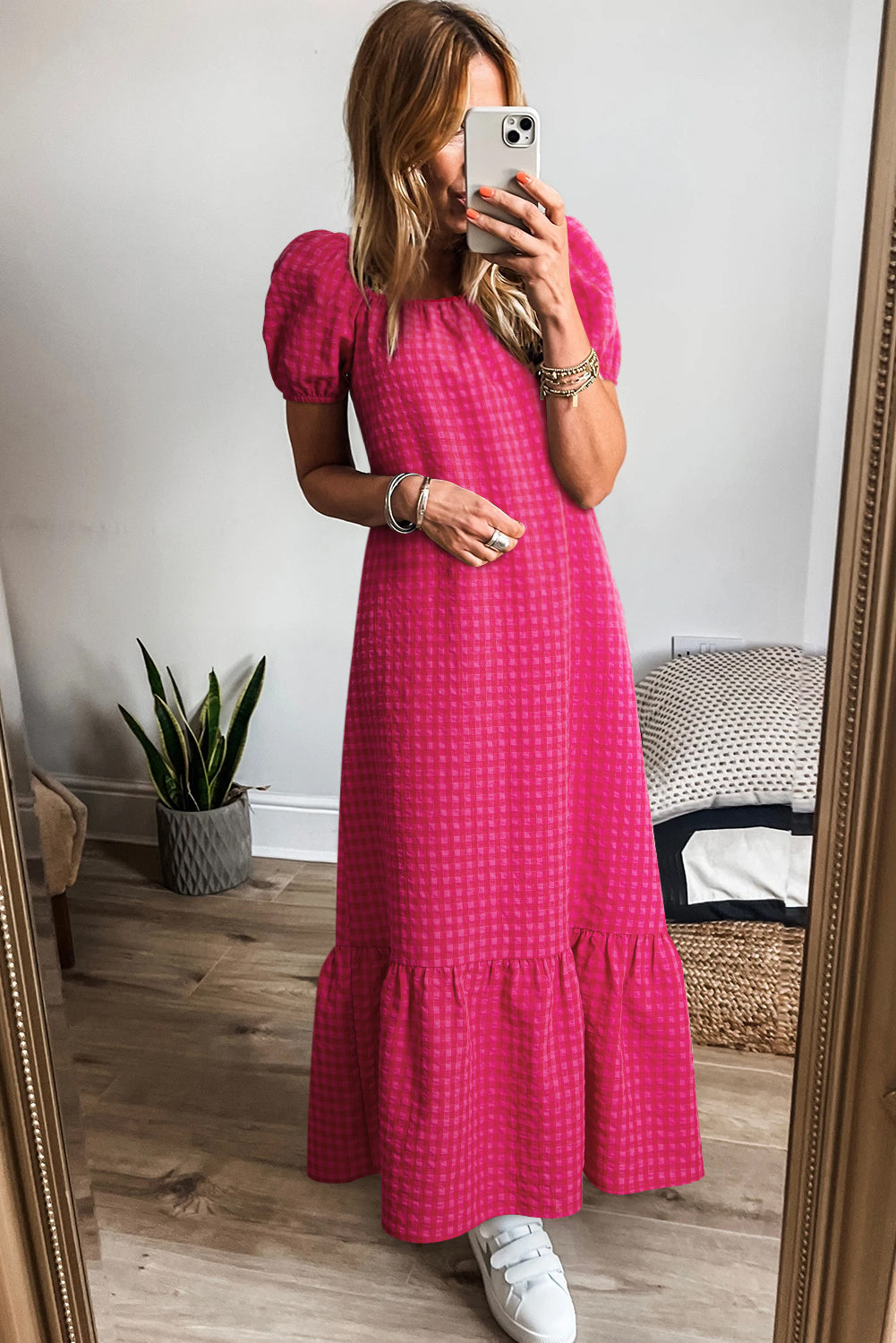 Rose Ginham Check Bubble Sleeve Ruffled Maxi Dress