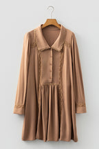 Straw Yellow Lace Trim Peter Pan Collar Long Sleeve Mini Shirt Dress