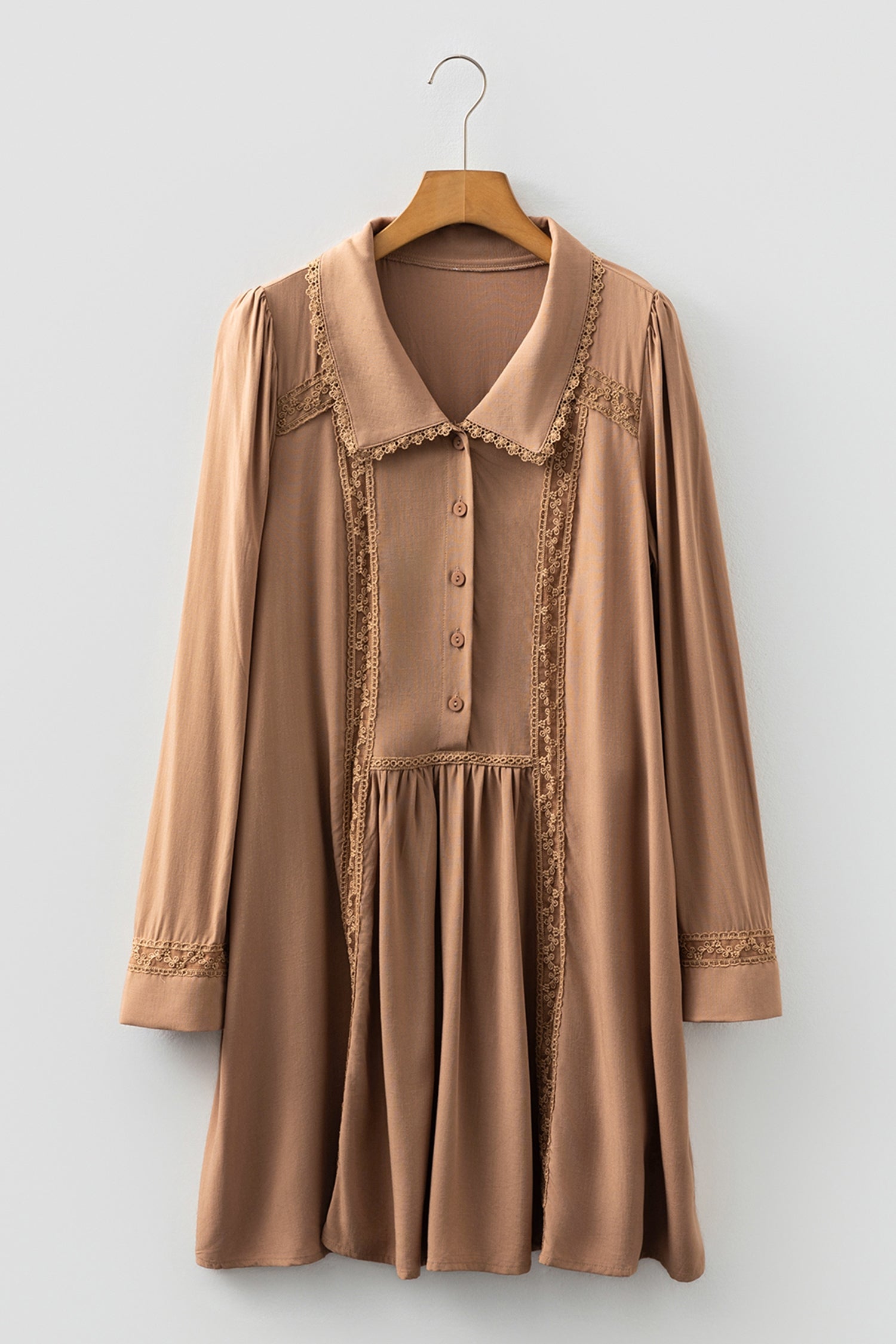 Straw Yellow Lace Trim Peter Pan Collar Long Sleeve Mini Shirt Dress