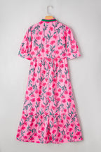 Pink Floral Contrast Neckline A-line Puff Sleeve Long Dress