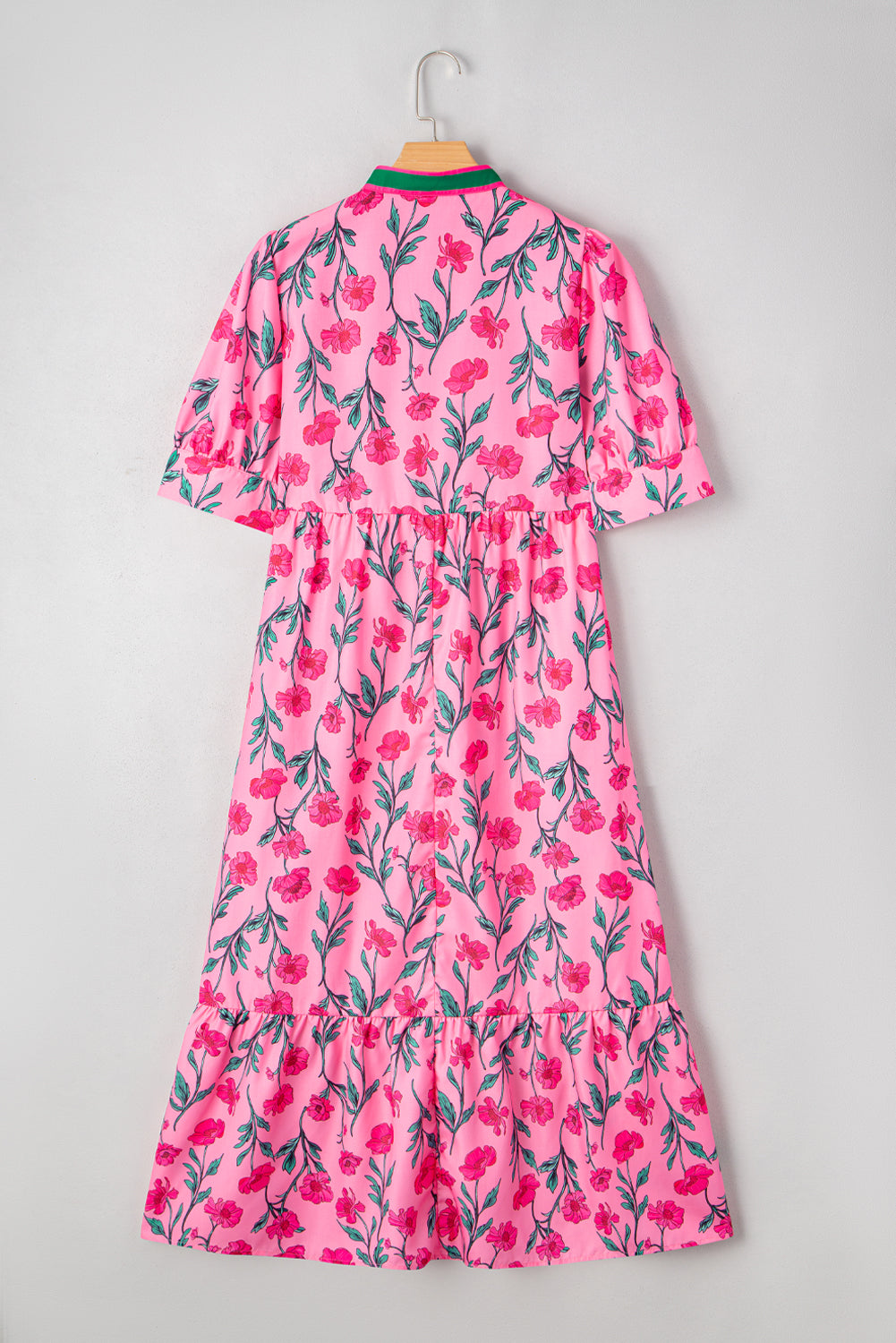 Pink Floral Contrast Neckline A-line Puff Sleeve Long Dress