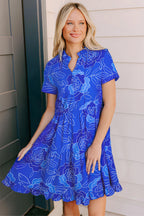 Blue Floral Ruffled Hem V Neck Short Sleeve Flowy Mini Dress