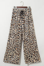 Parchment Leopard Drawstring Elastic Waistband Flowy Wide Leg Pants