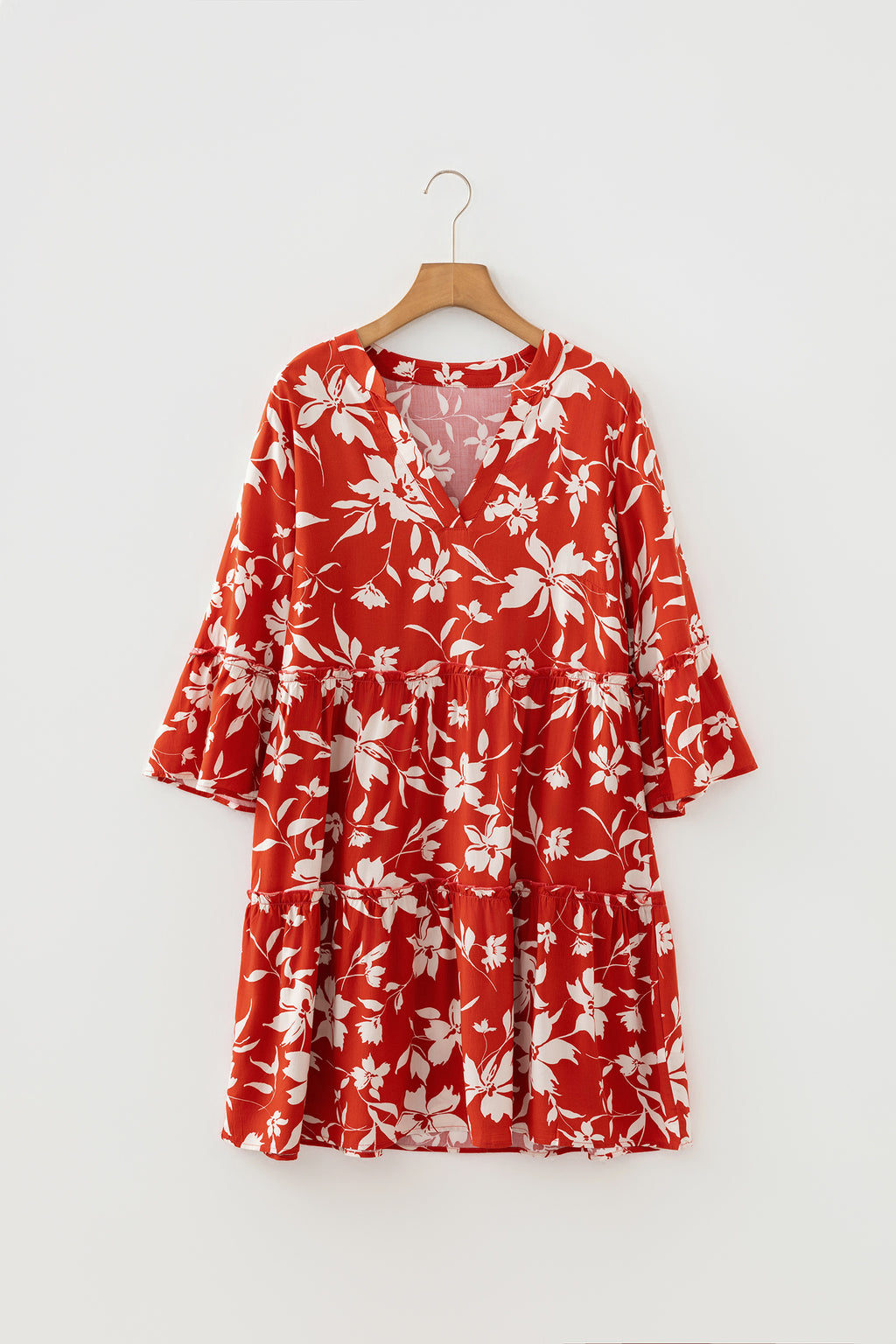 Red Boho Floral Print Lettuce Trim 3/4 Sleeve Mini Dress