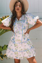 Pink Floral Striped Print Contrast Trim Tie Split Neck Mini Dress