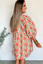 Red Floral Print Ricrac Trim V Neck 3/4 Sleeve Loose Mini Dress