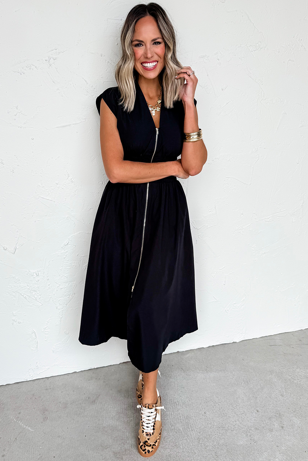 Black Sleeveless Zipped Front V Neck Shirred Waist Maxi Dress