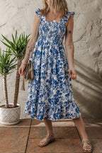 Blue Floral Ruffle Strap Square Neck Smocked Bodice Midi Dress