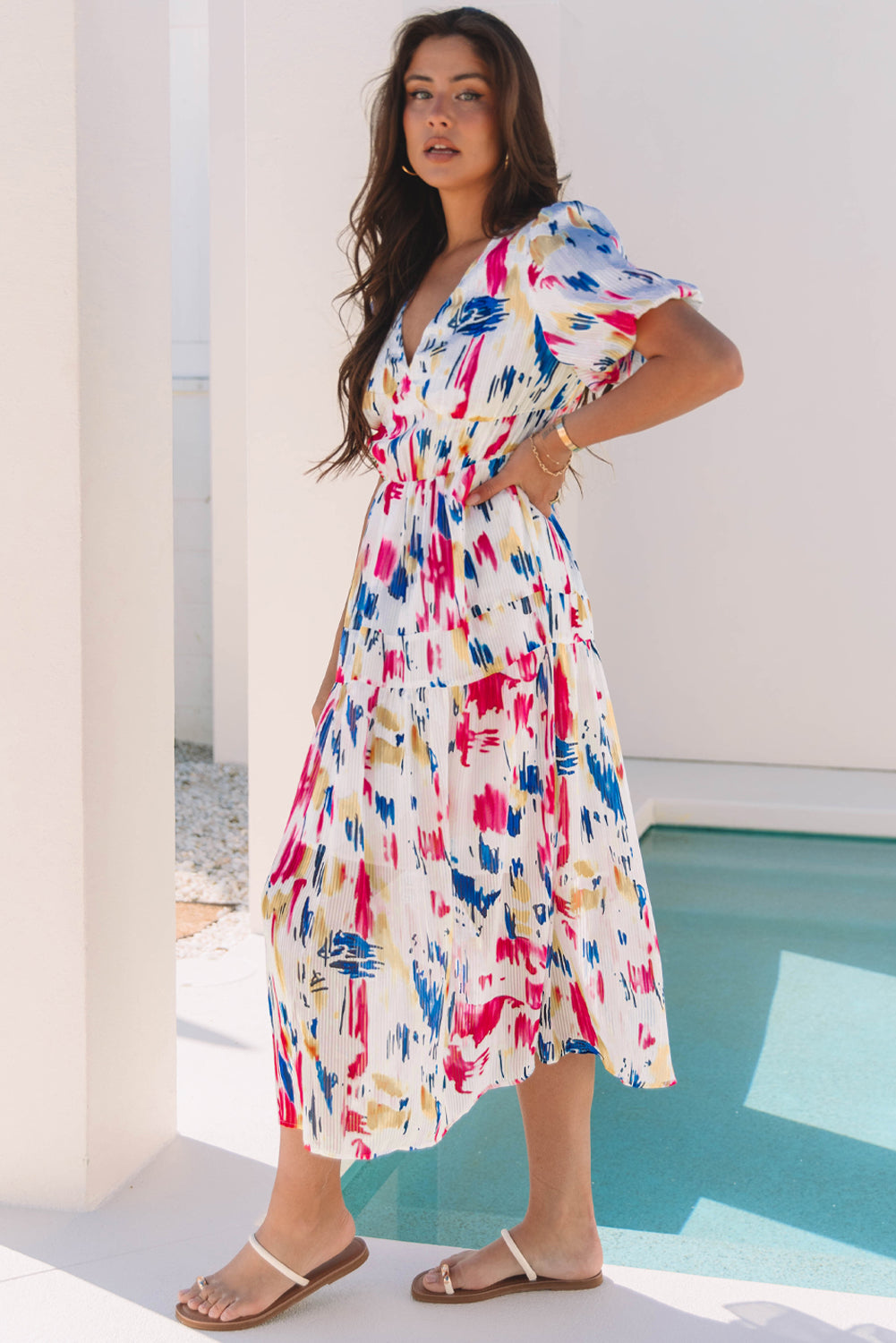 Sky Blue Abstract Print Short Puff Sleeve Tiered Maxi Dress