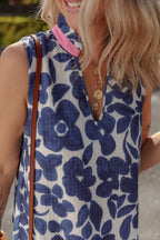 Blue Floral Sleeveless Colorblock Notched V Neck Mini Dress