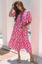 Pink Floral Contrast Neckline A-line Puff Sleeve Long Dress
